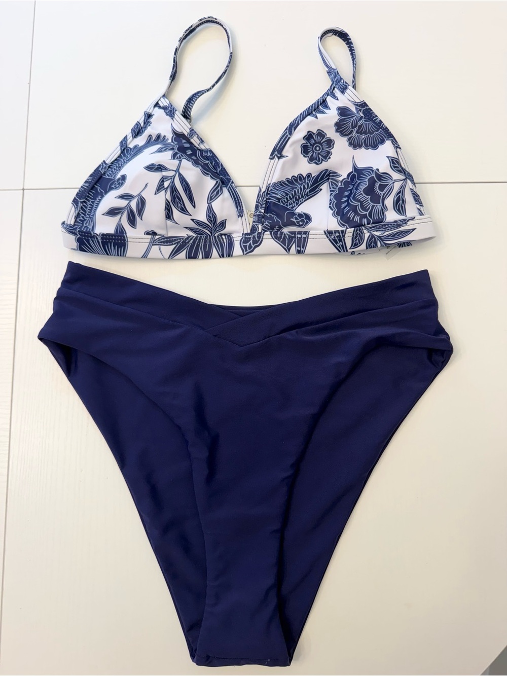 New White & Blue High Waisted Bikini Set Size Small
